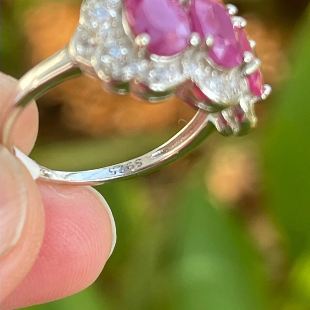 NWT Natural Ruby 3 stone (7X5mm each) Ring w/ CZ accents in 925 Silver Size 6.5